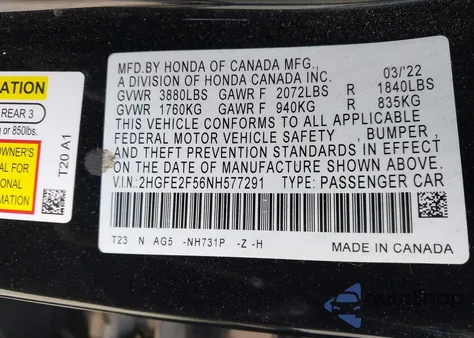 2022 Honda Civic Sport из США, поврежденный, VIN 2HGFE2F56NH577291